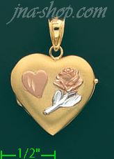 14K Gold Heart & Rose Heart Italian Locket Charm Pendant - Click Image to Close