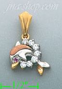 14K Gold Dolphin Jumping Through Hoop CZ Charm Pendant - Click Image to Close