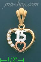 14K Gold 15 Años Heart CZ Charm Pendant - Click Image to Close