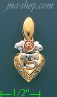 14K Gold 15 Años Heart & Rose CZ Charm Pendant - Click Image to Close