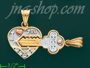 14K Gold 2-piece I Love You Heart w/Key CZ Charm Pendant - Click Image to Close