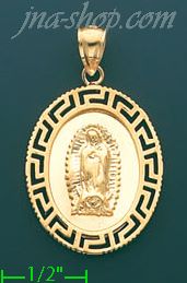 14K Gold Virgin of Guadalupe Greek Design Stamp & Charm Pendant - Click Image to Close