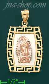 14K Gold Virgin of Guadalupe Greek Design Stamp & Charm Pendant - Click Image to Close