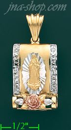 14K Gold Virgin of Guadalupe w/Rose 3Color Stamp Charm Pendant - Click Image to Close