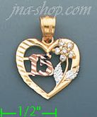 14K Gold 15 Años Heart w/Flower Charm Pendant - Click Image to Close