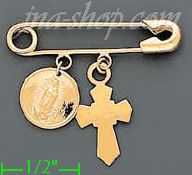 14K Gold Safety Pin w/2 Charms Virgin & Cross Italian Pin Charm - Click Image to Close