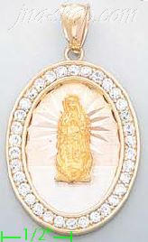 14K Gold Virgin of Guadalupe Oval 3Color Stamped CZ Charm Pendan